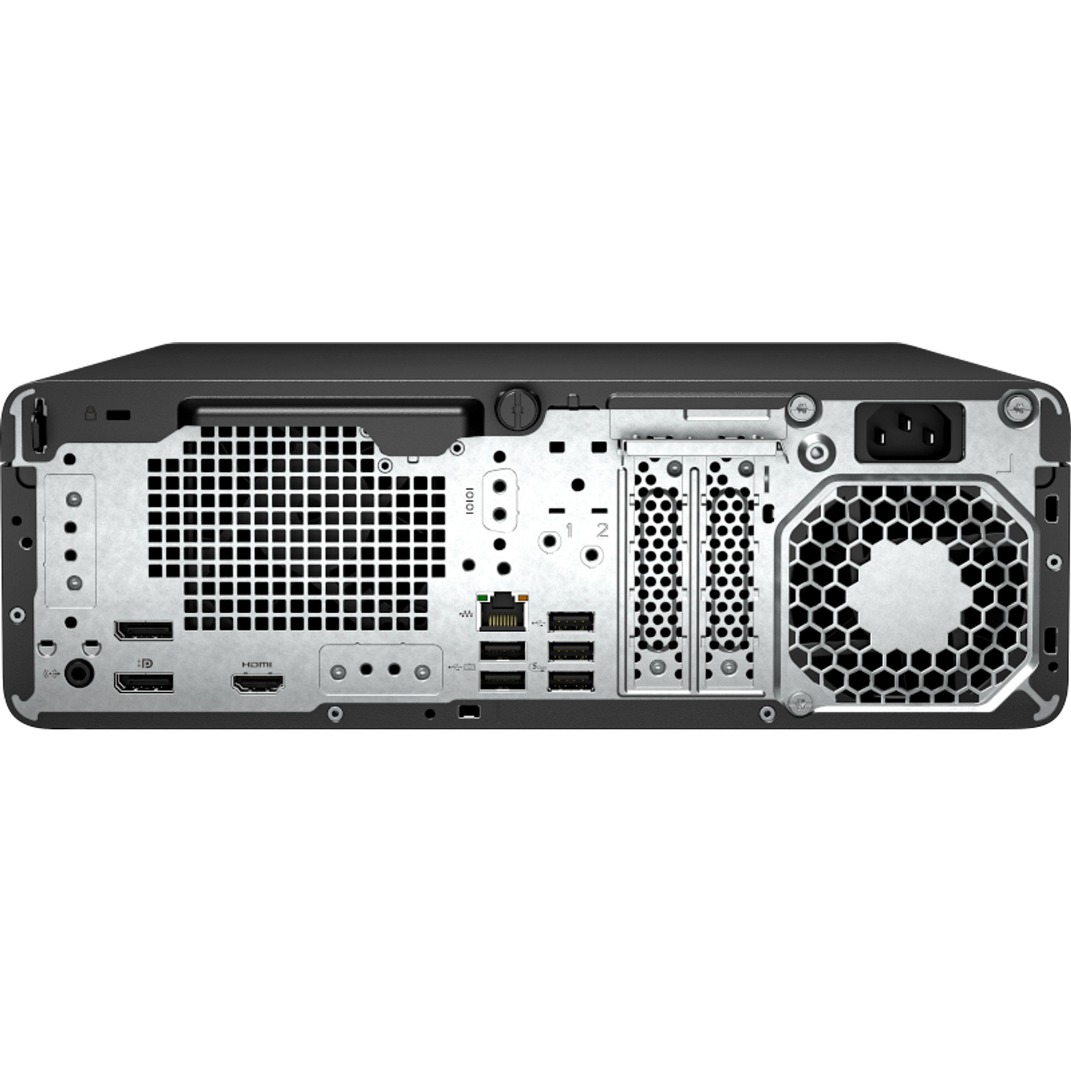 Achteraanzicht van een zwarte computer. Poorten zijn onder andere HDMI, USB en stroom. Een ventilator en ventilatiegaten zijn zichtbaar.