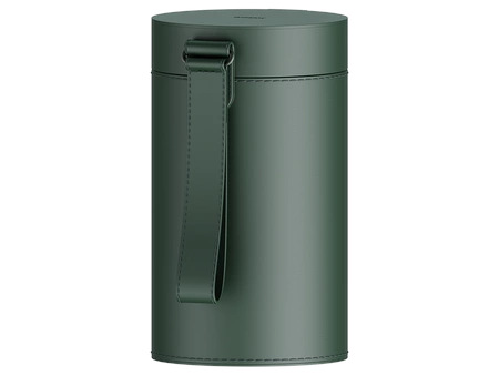 Cylindryczny, ciemnozielony pojemnik z uchwytem. Pojemnik jest zamknięty pokrywką. Stoi na białym tle.