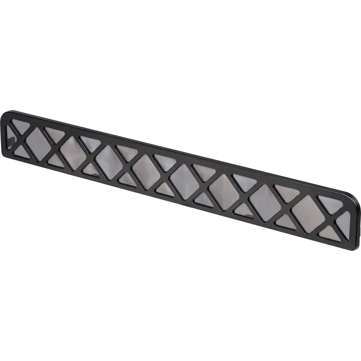 A black rectangular speaker grill with diamond-shaped openings and a fine mesh backing, isolated against a white background.
