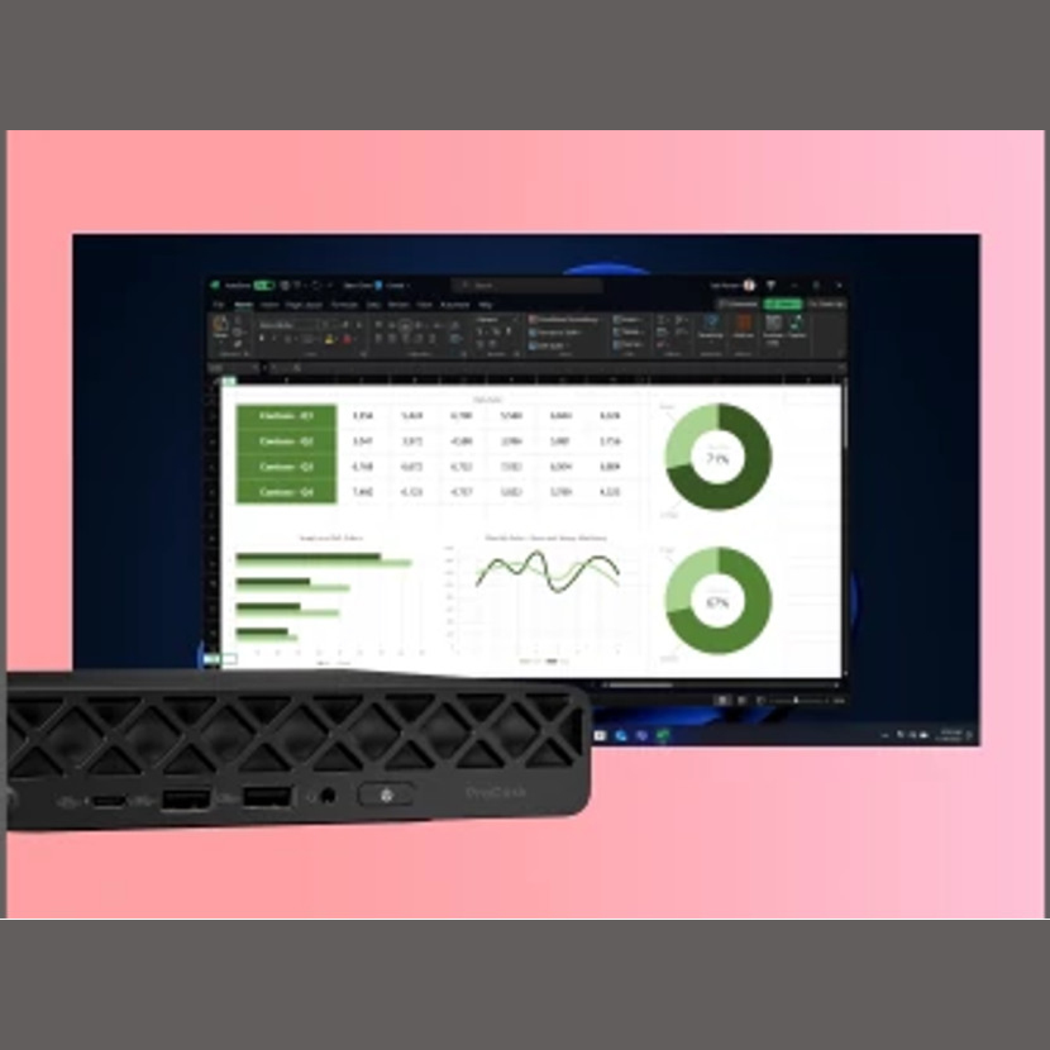 Black computer base in front of a monitor displaying charts. Pink frame surrounds the image. The screen has data visualization.