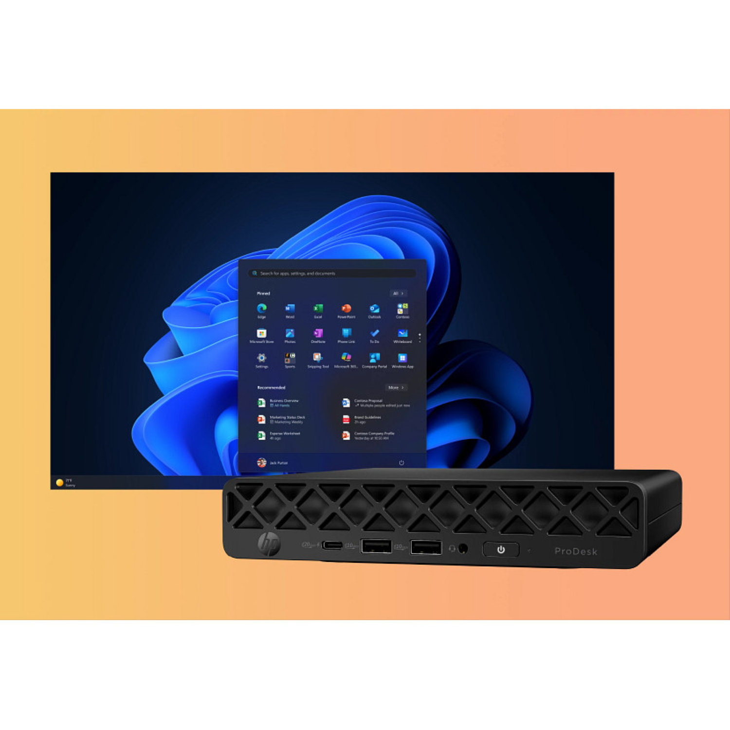 A black HP ProDesk sits below a computer monitor displaying the Windows 11 start menu with icons. The background is peach.