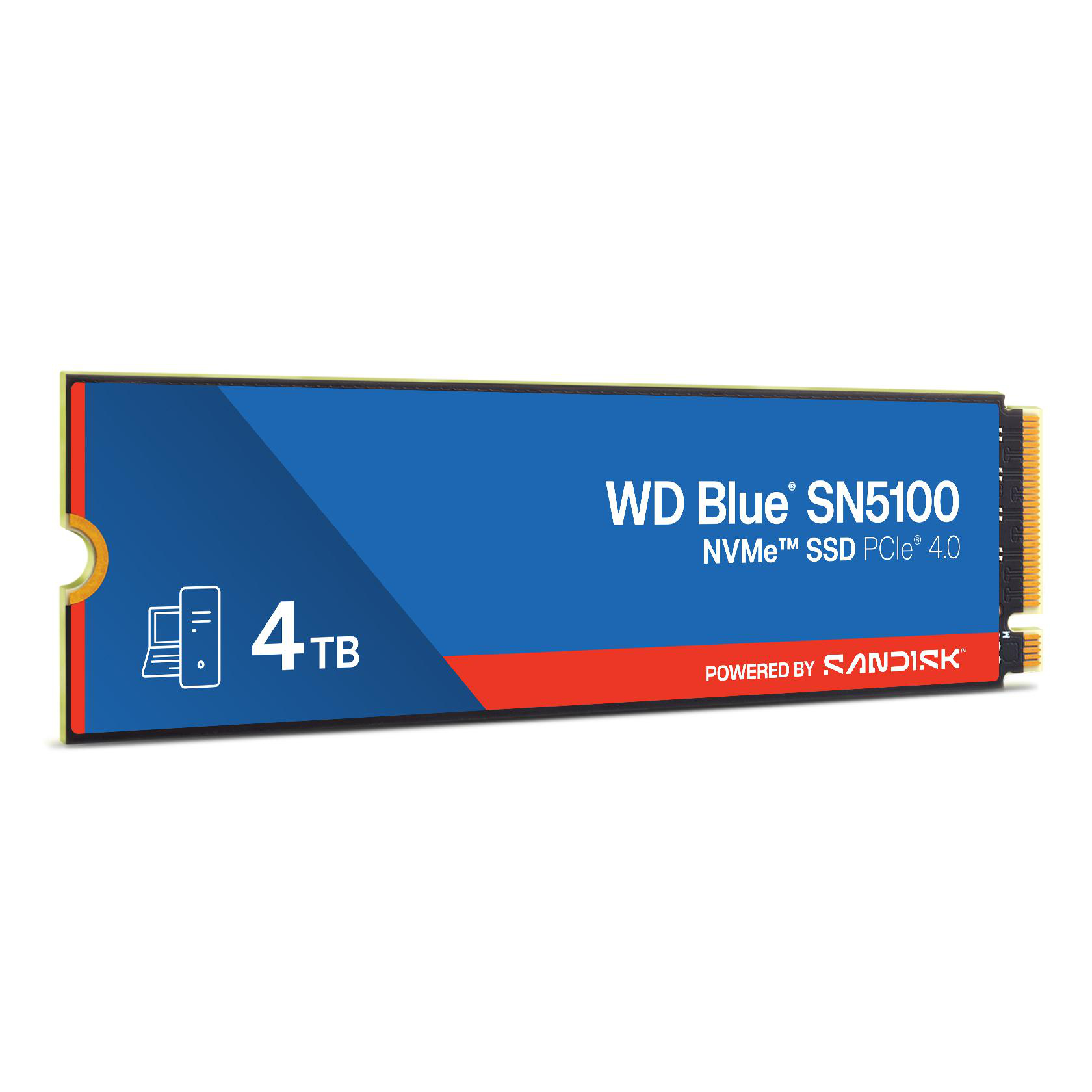 WD Blue SN5100 NVMe SSD 4TB auf weißem Hintergrund. Text und Grafiken auf blauem und orangem Hintergrund.