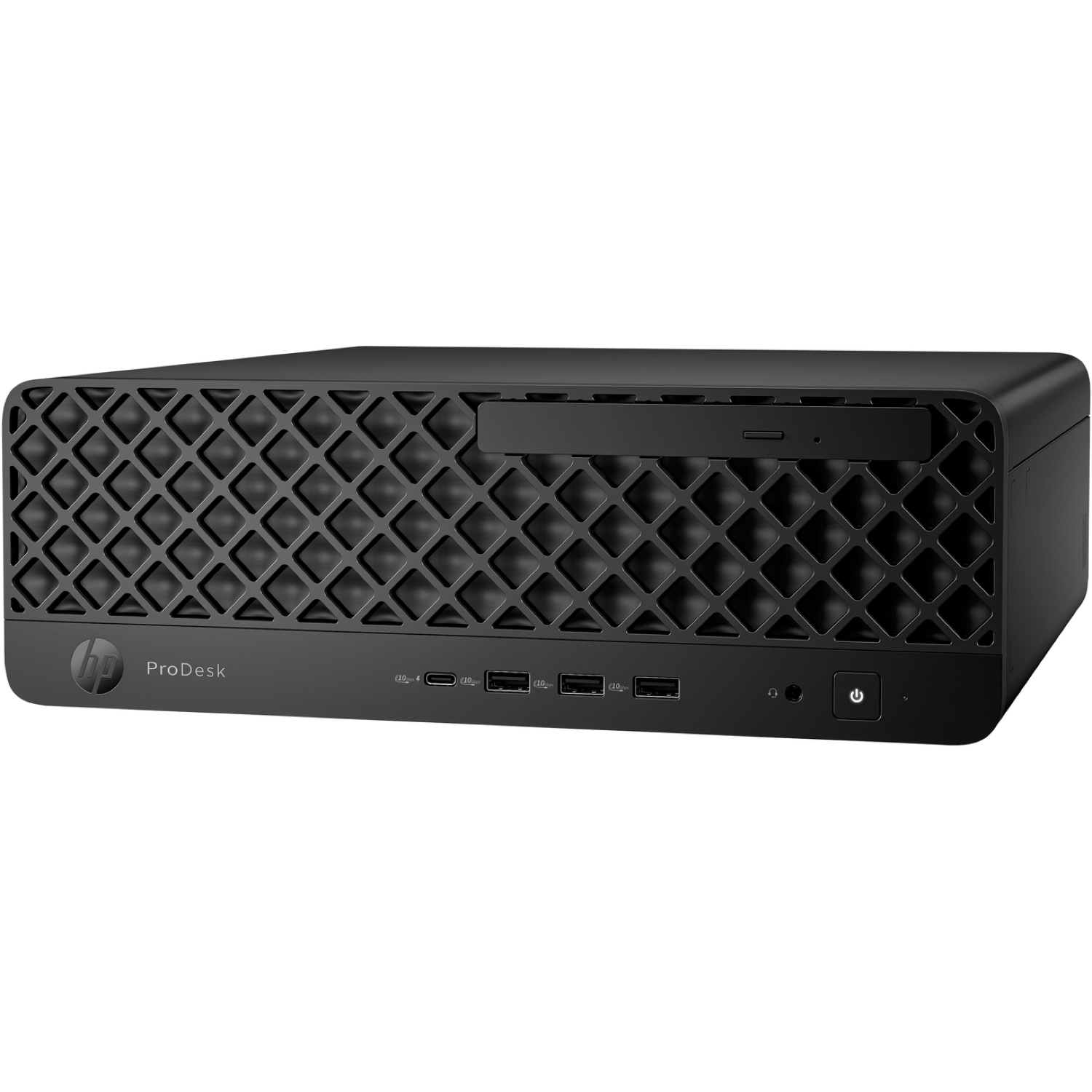 A black HP ProDesk desktop computer. It has a diamond-patterned front. USB ports, power button, and headphone jack are visible.