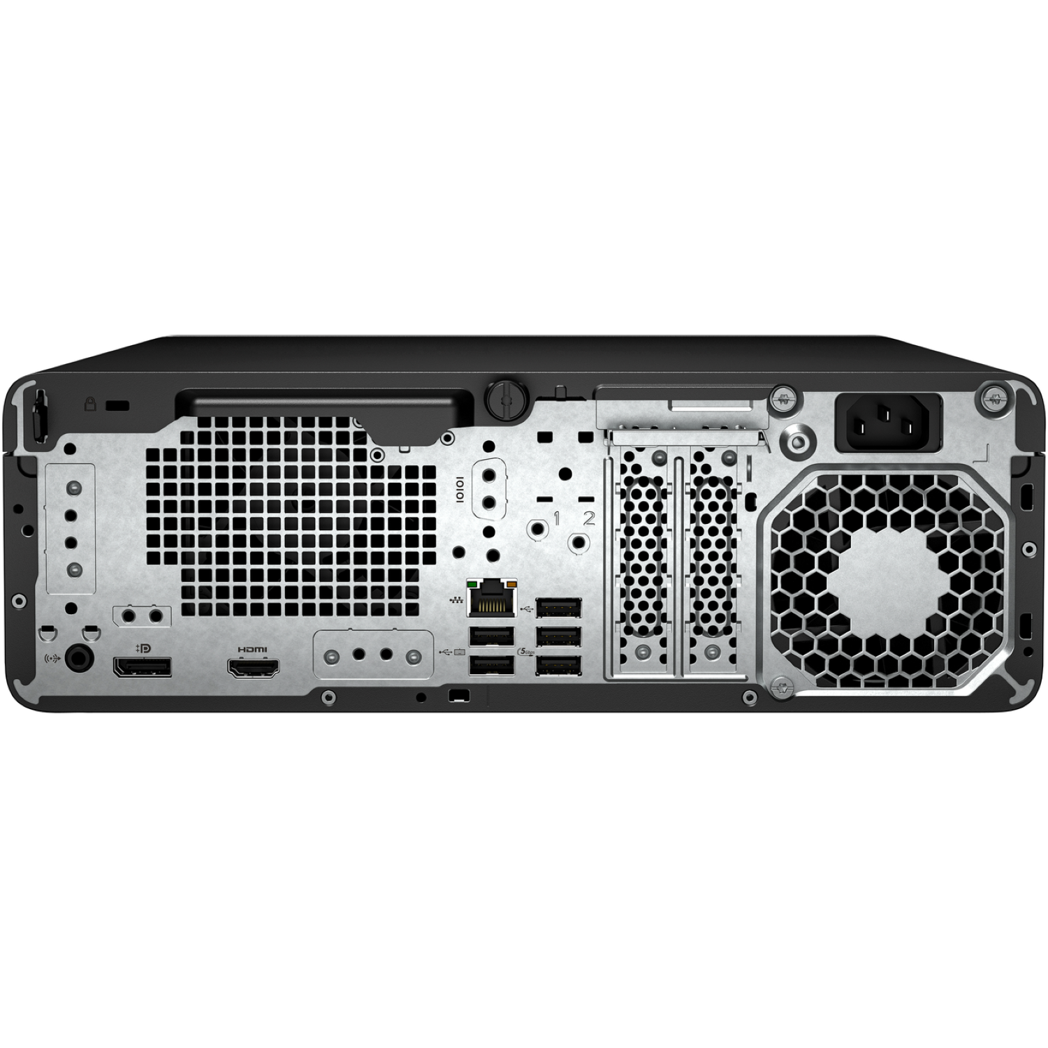 Rear view of a black desktop computer. It has various ports, a power input, and a fan with a honeycomb pattern for cooling.