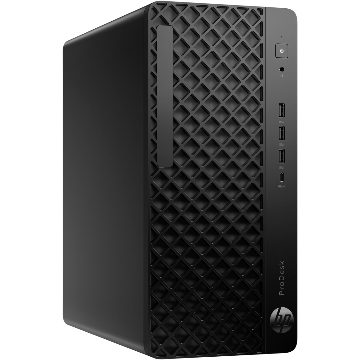 A black HP ProDesk computer tower. It has a textured front with a power button, USB ports, and the HP logo.