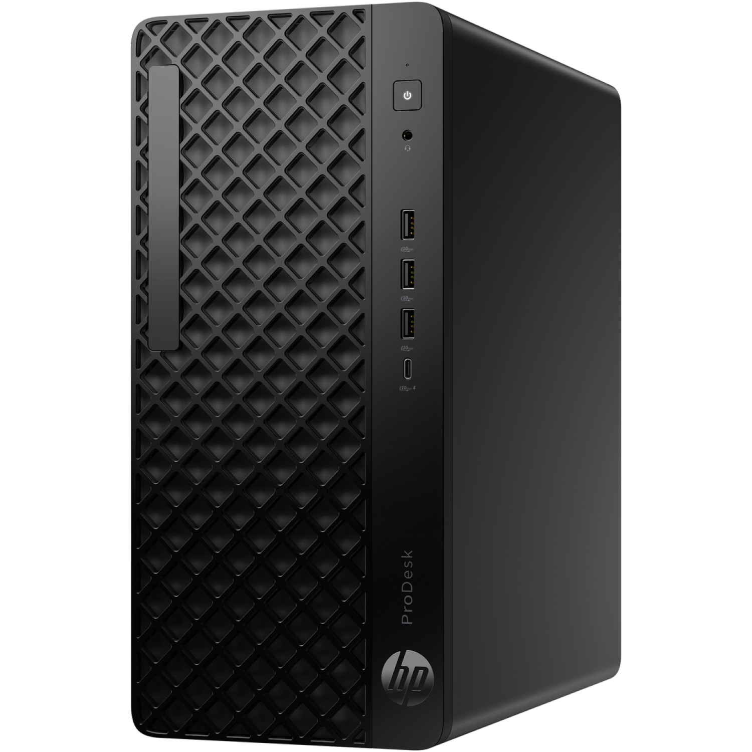 A black HP ProDesk computer. It has a textured front panel, power button, USB ports, and the HP logo at the bottom.