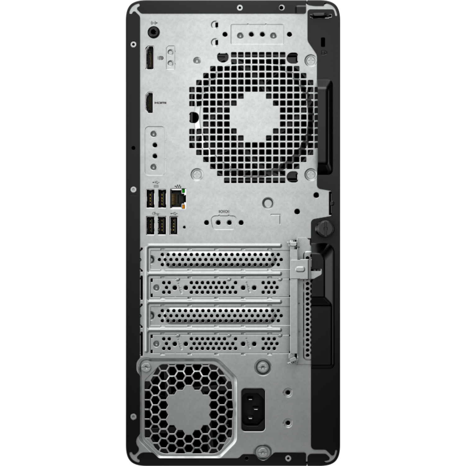 Rear view of a computer tower. It has ports, vents, and a power supply connection. The case is silver and black.