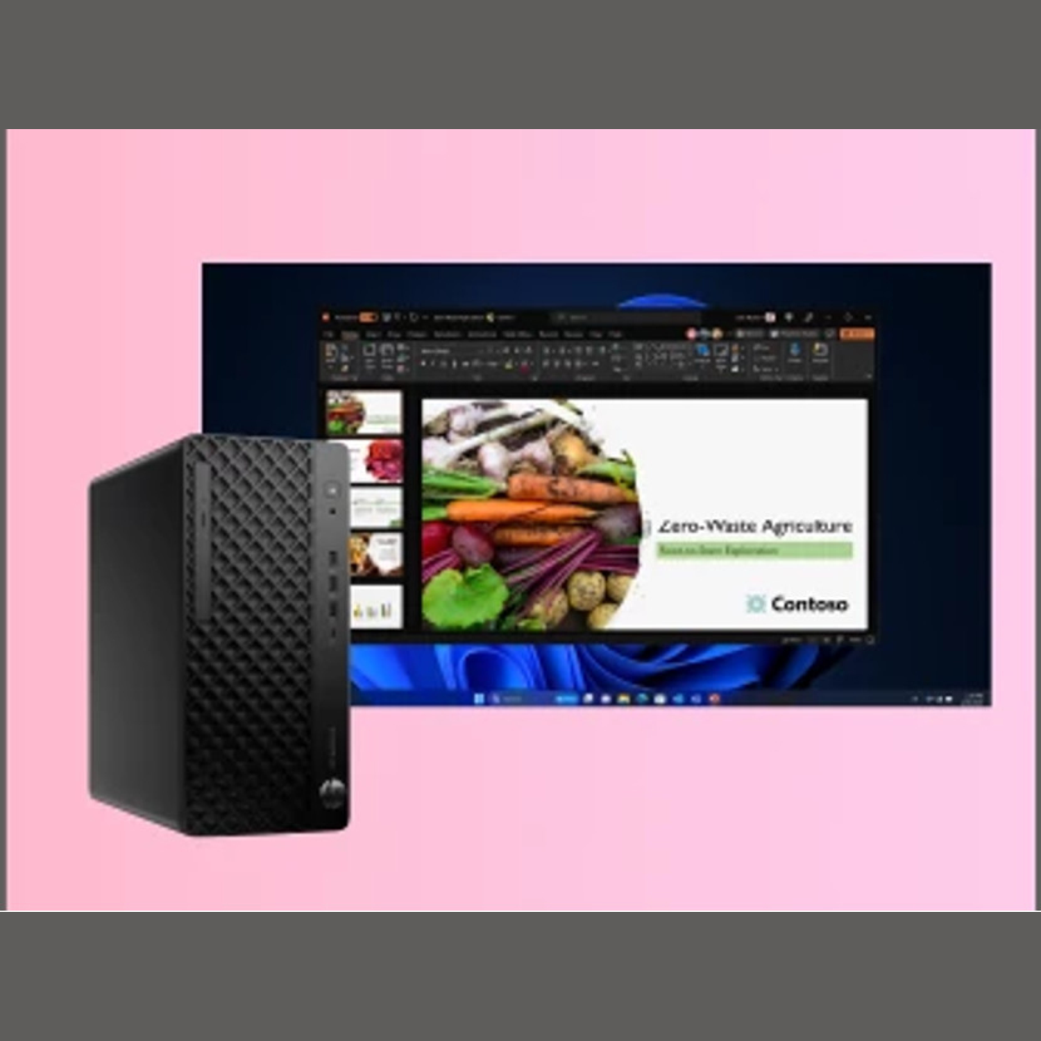 A desktop computer and a monitor displaying a presentation about zero-waste agriculture are on a pink background.