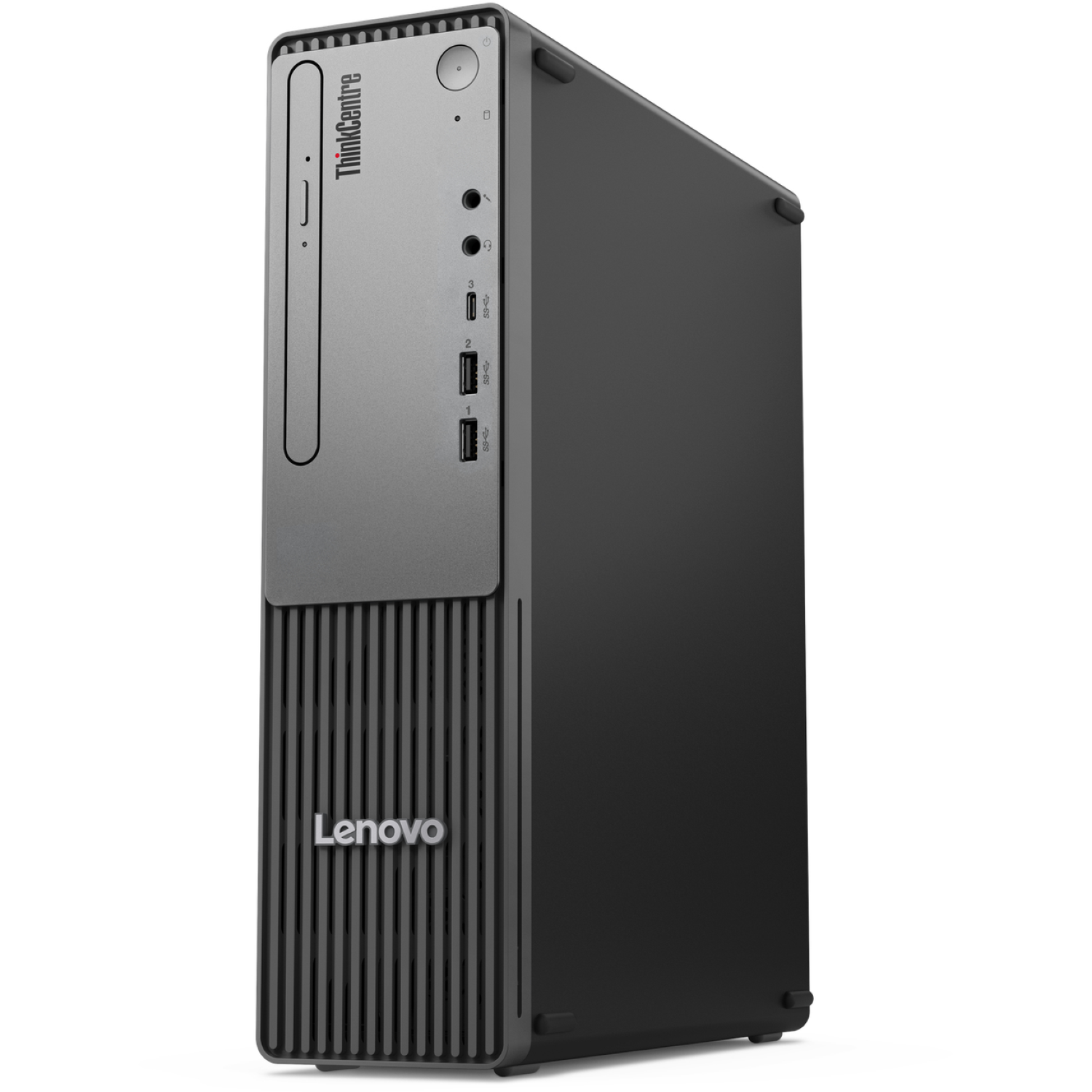 A Lenovo ThinkCentre desktop computer. It has a black and gray case. The front has a Lenovo logo. Several ports are visible.