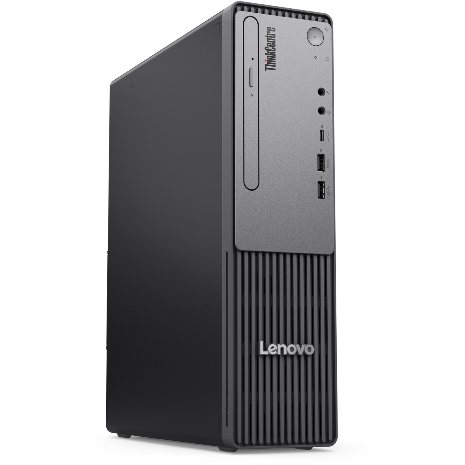 A Lenovo ThinkCentre desktop computer. It has a black and gray design with the Lenovo logo at the bottom.