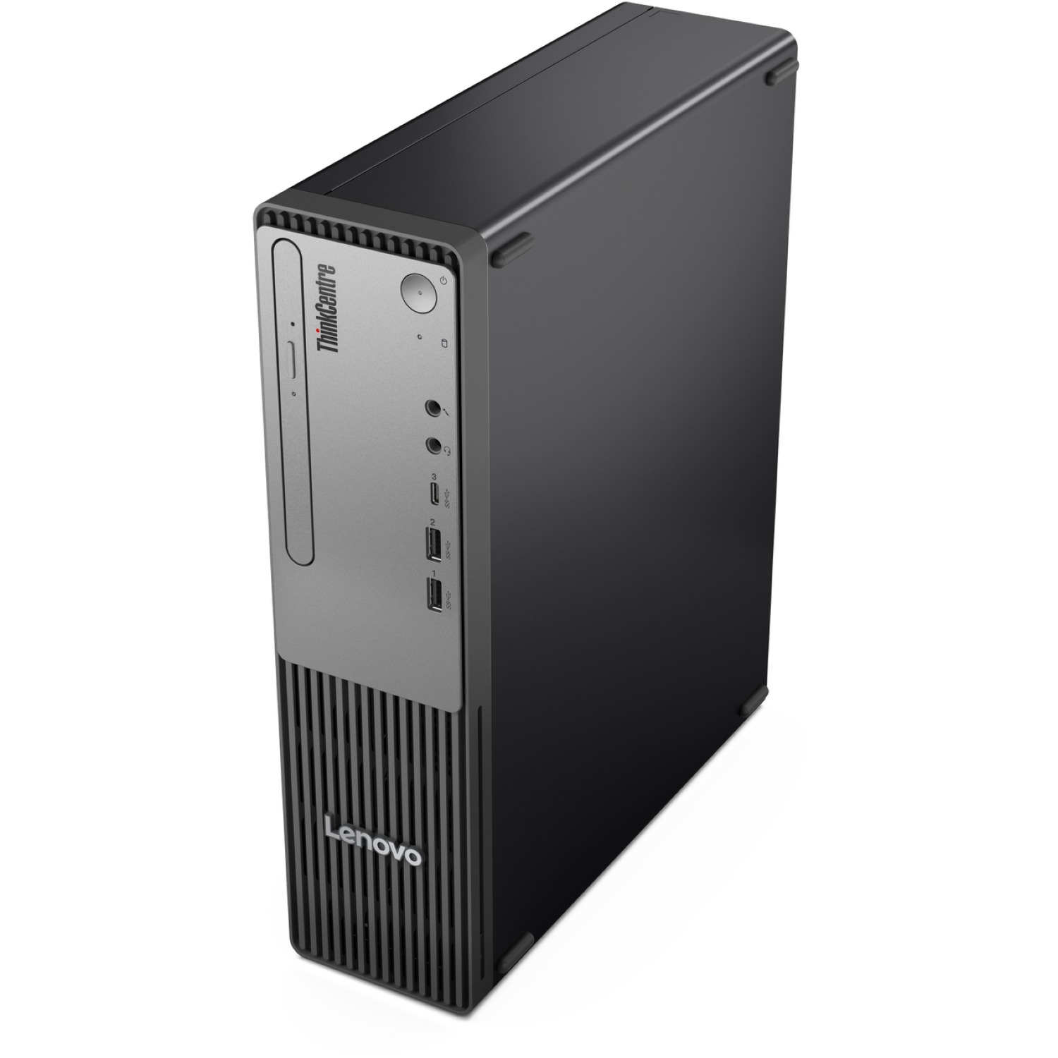 A Lenovo ThinkCentre desktop computer. It's black and gray, with the Lenovo logo and ThinkCentre branding visible.
