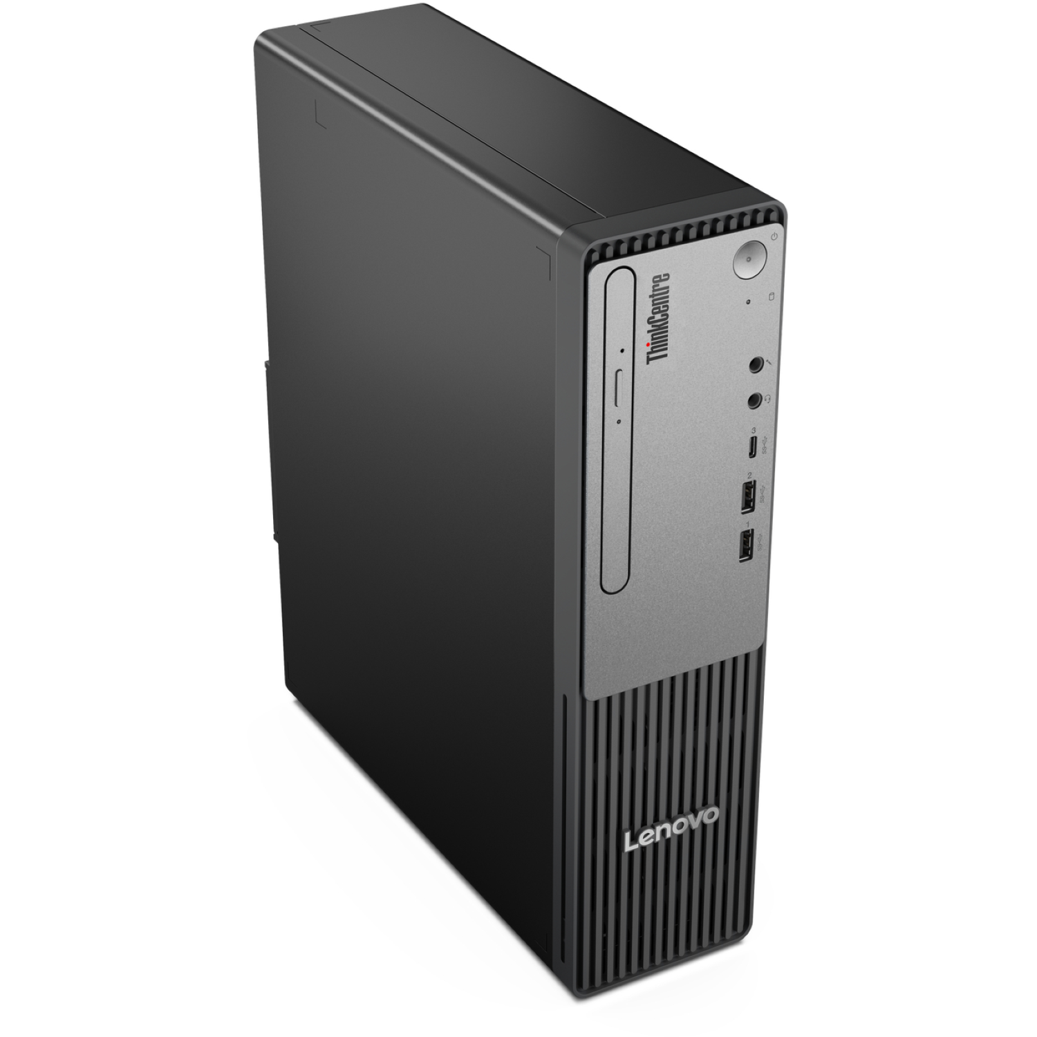 A black and gray Lenovo ThinkCentre desktop computer. The front has the Lenovo logo and a ThinkCentre label.