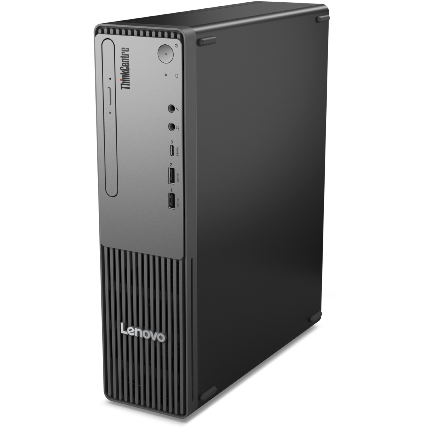 A Lenovo ThinkCentre desktop computer. It is black and gray with the Lenovo logo on the front and ThinkCentre on the side.
