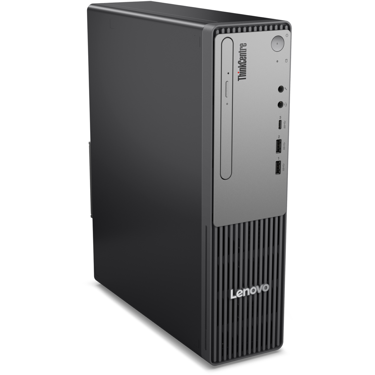 A black and gray Lenovo ThinkCentre desktop computer. The front has a Lenovo logo and a ThinkCentre label.