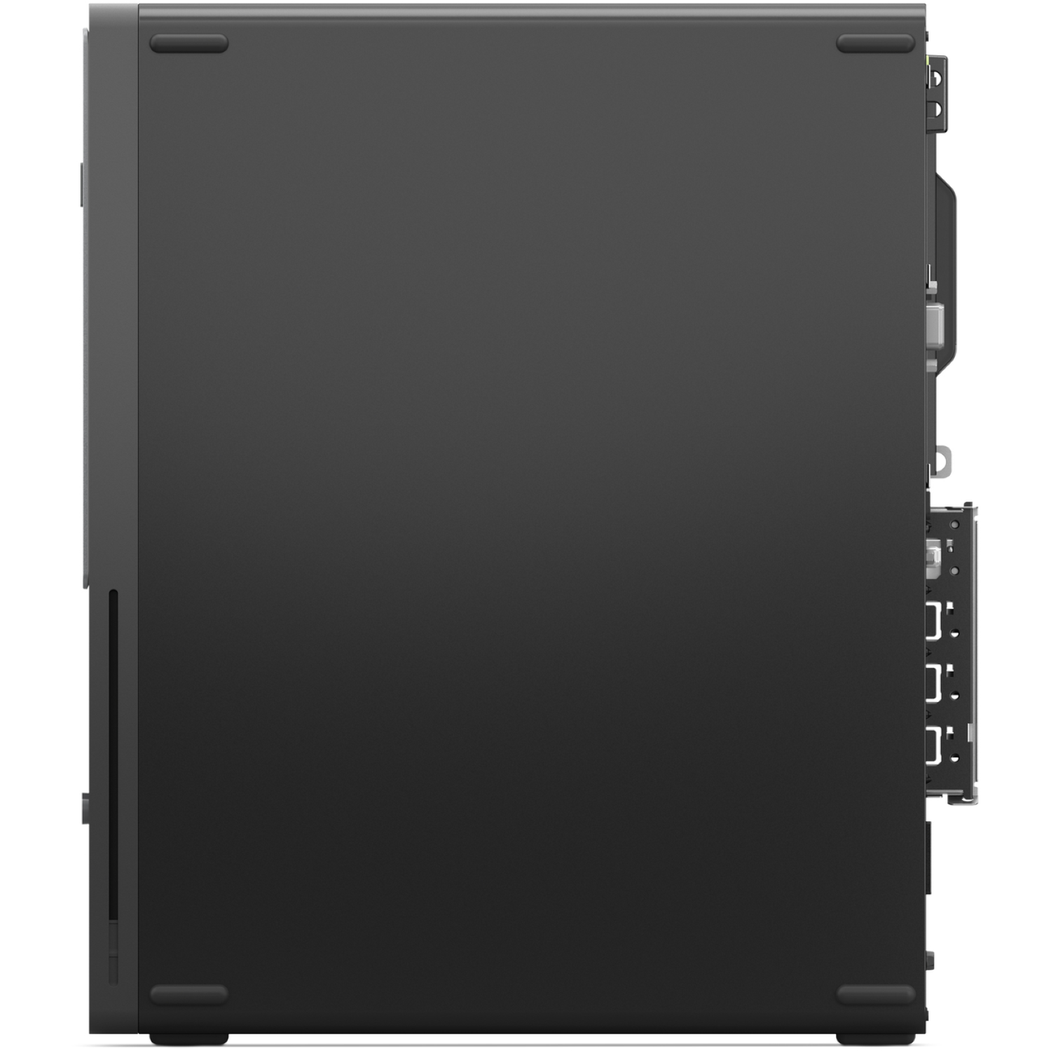 Side view of a black desktop computer. It has a sleek design, with a simple, solid front and multiple ports on the side.