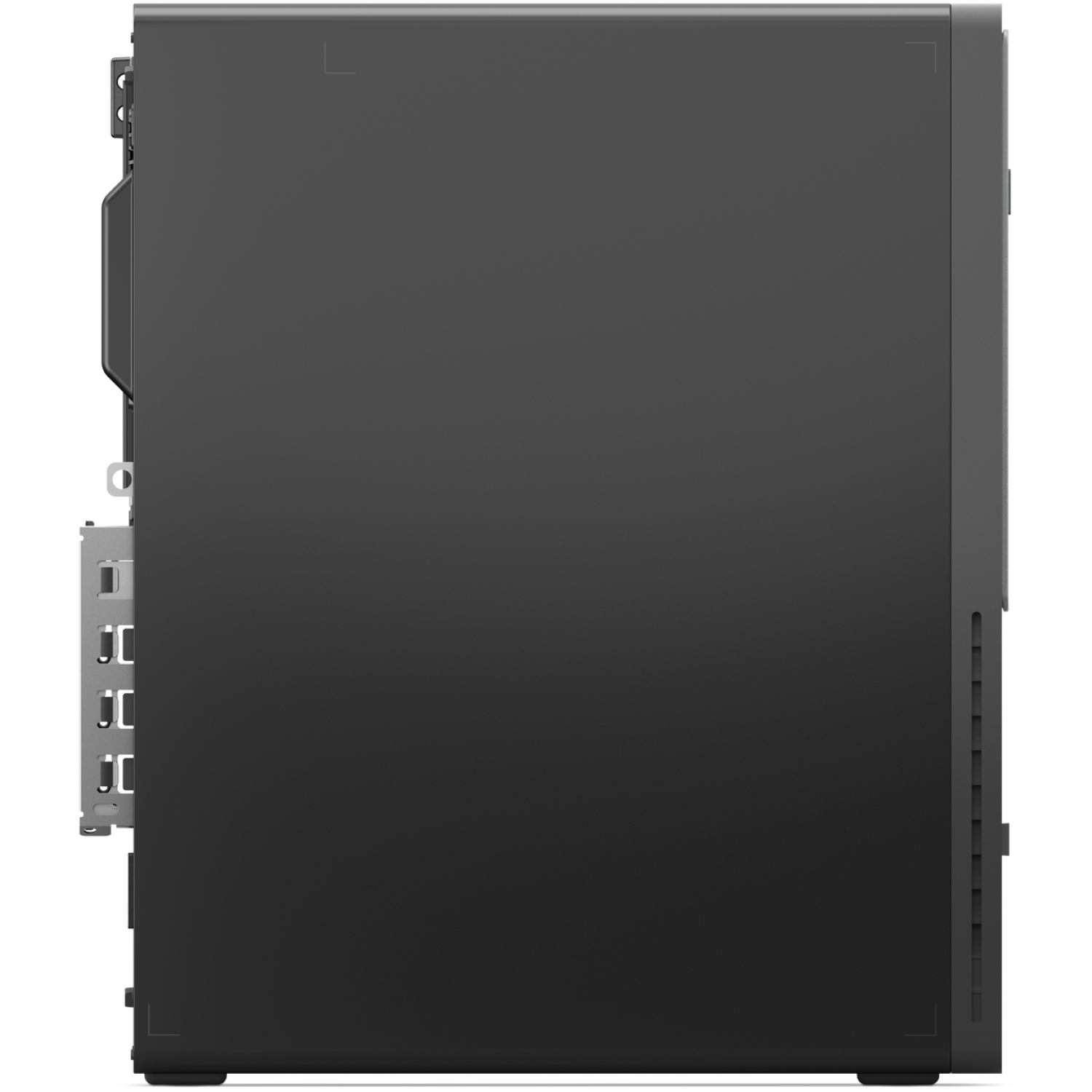 Side view of a black desktop computer. The case is rectangular with a smooth surface. A few ports are visible on the side.