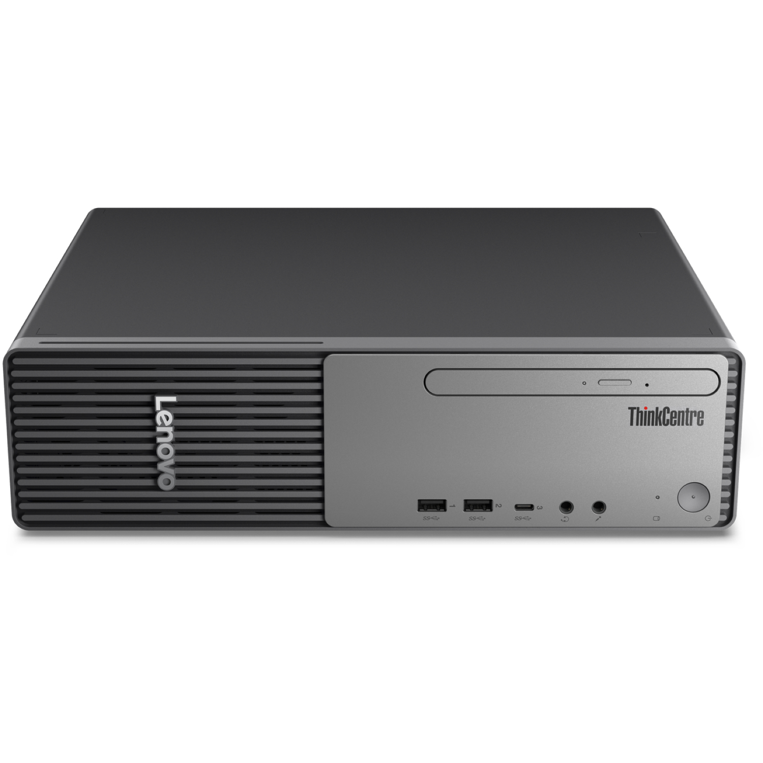 A Lenovo ThinkCentre desktop computer. It is gray and black with the Lenovo logo and ThinkCentre text on the front.
