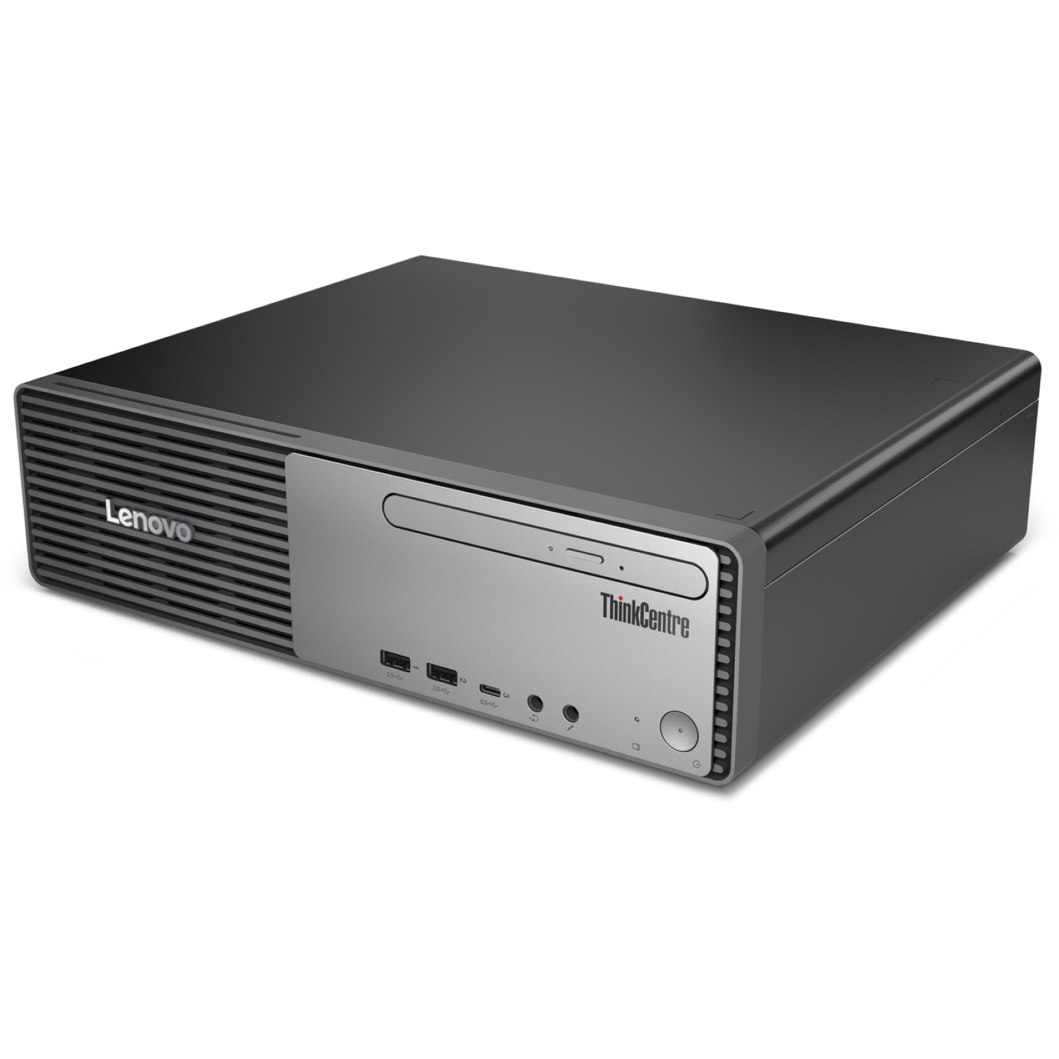 A Lenovo ThinkCentre desktop computer. It has a black top and sides with a silver front panel. The Lenovo logo is on the left.