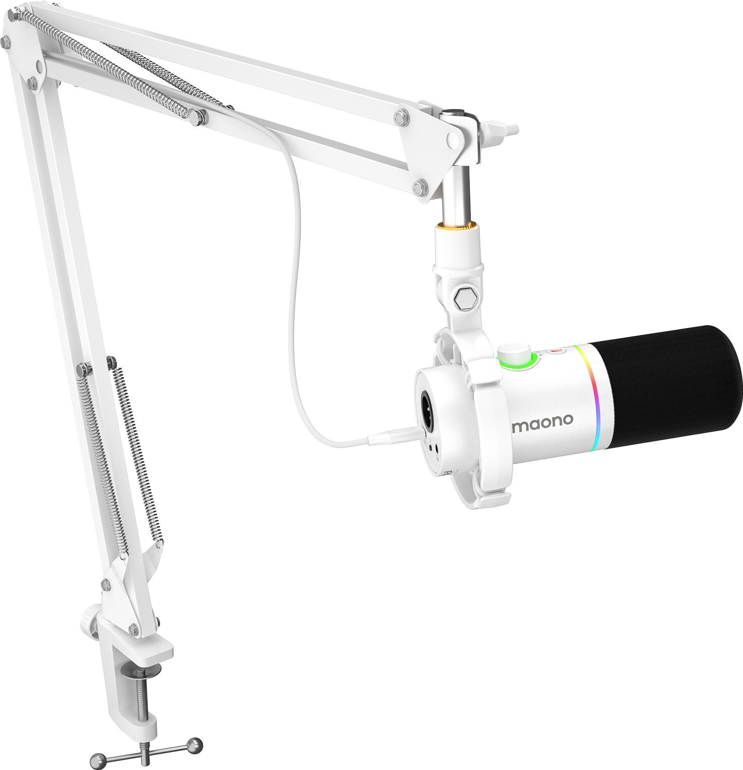 Un braccio bianco per microfono sostiene un microfono Maono. Il microfono è nero e bianco con un anello luminoso colorato.