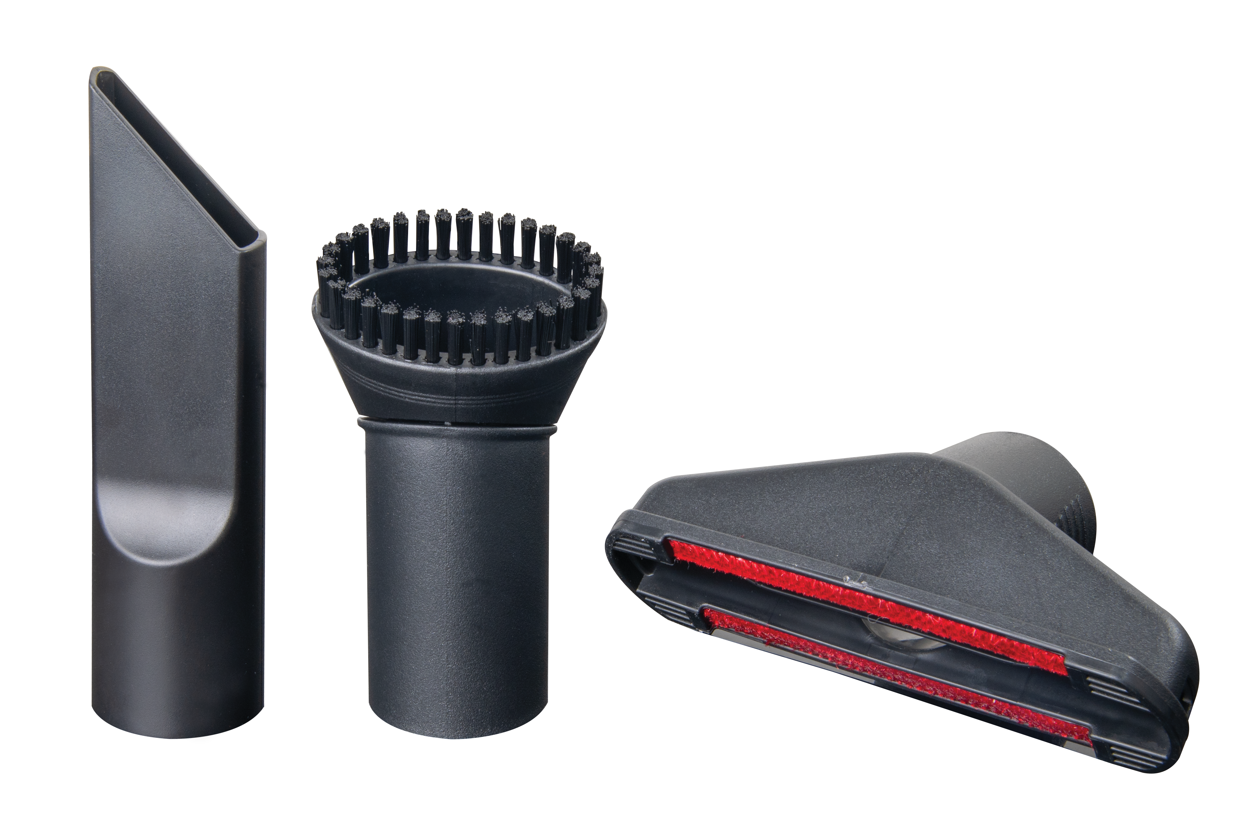Trzy nasadki do odkurzacza: ssawka szczelinowa, głowica szczotkowa i dysza z czerwonymi paskami filcowymi.