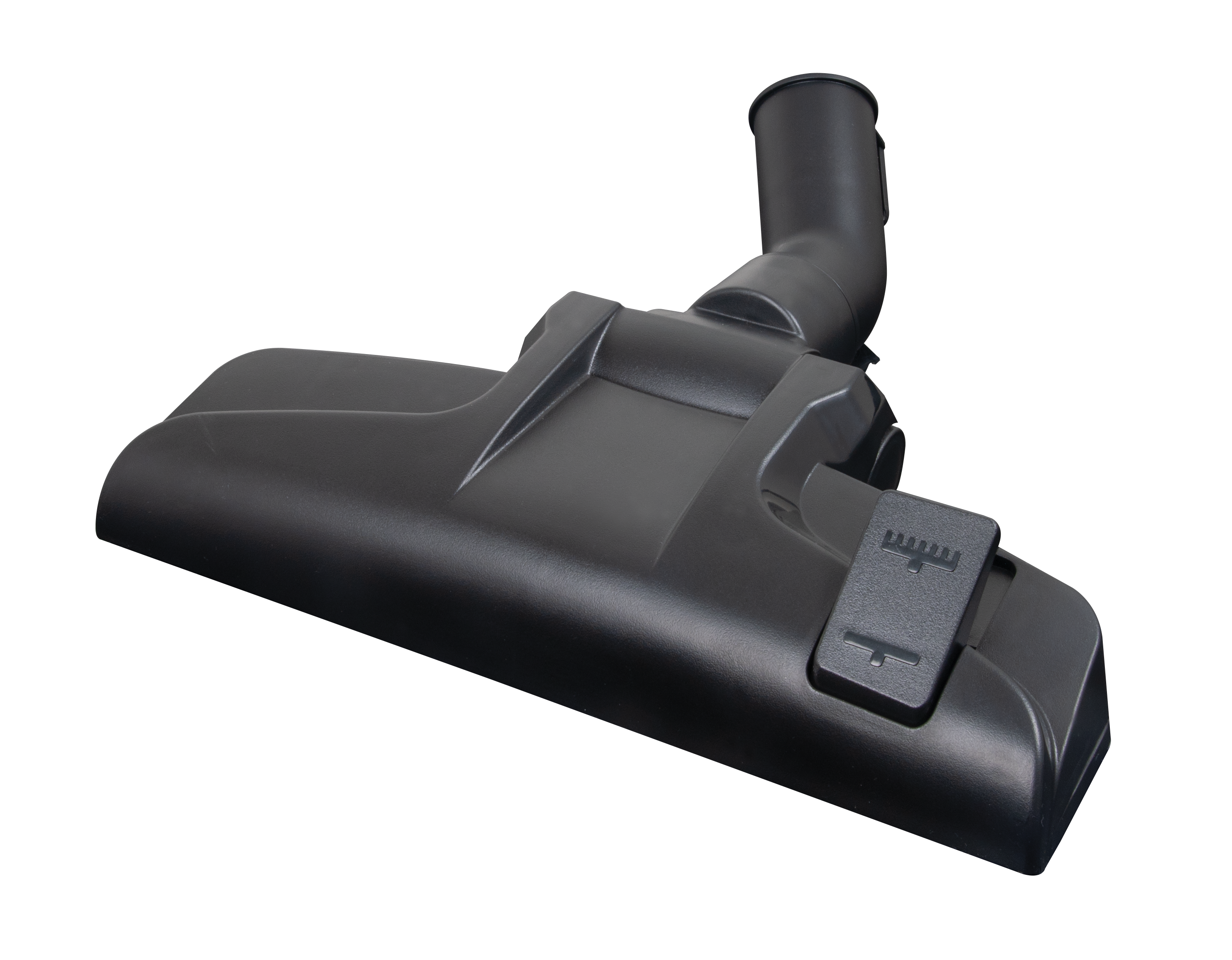 Czarna głowica odkurzacza na odblaskowej powierzchni. Zakrzywiona konstrukcja z dźwignią regulacji.