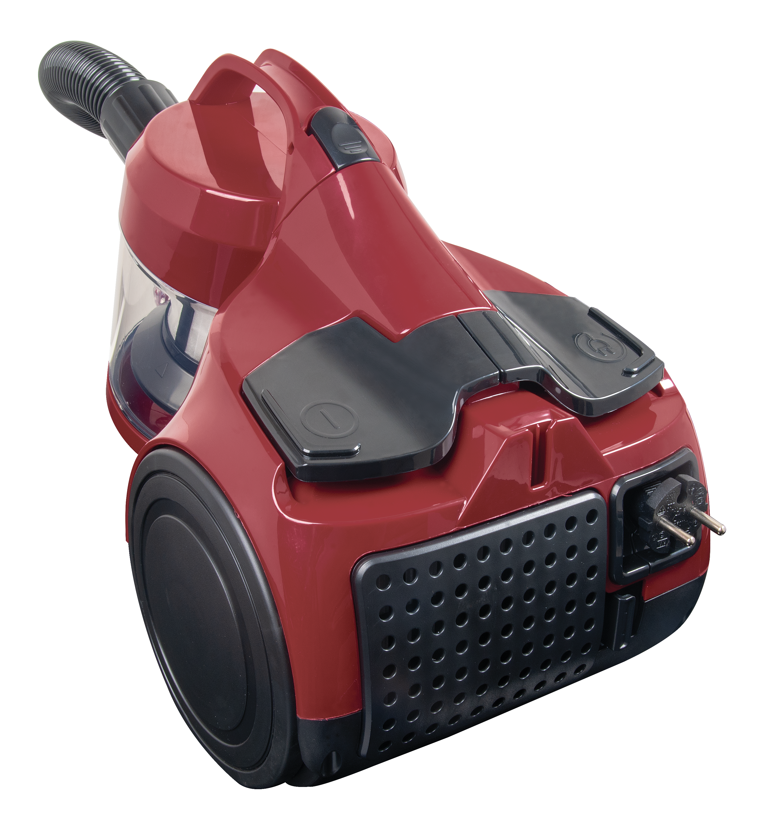 Czerwono-czarny odkurzacz. Posiada uchwyt, wąż i wtyczkę. Korpus ma siatkę i przezroczysty pojemnik na kurz.