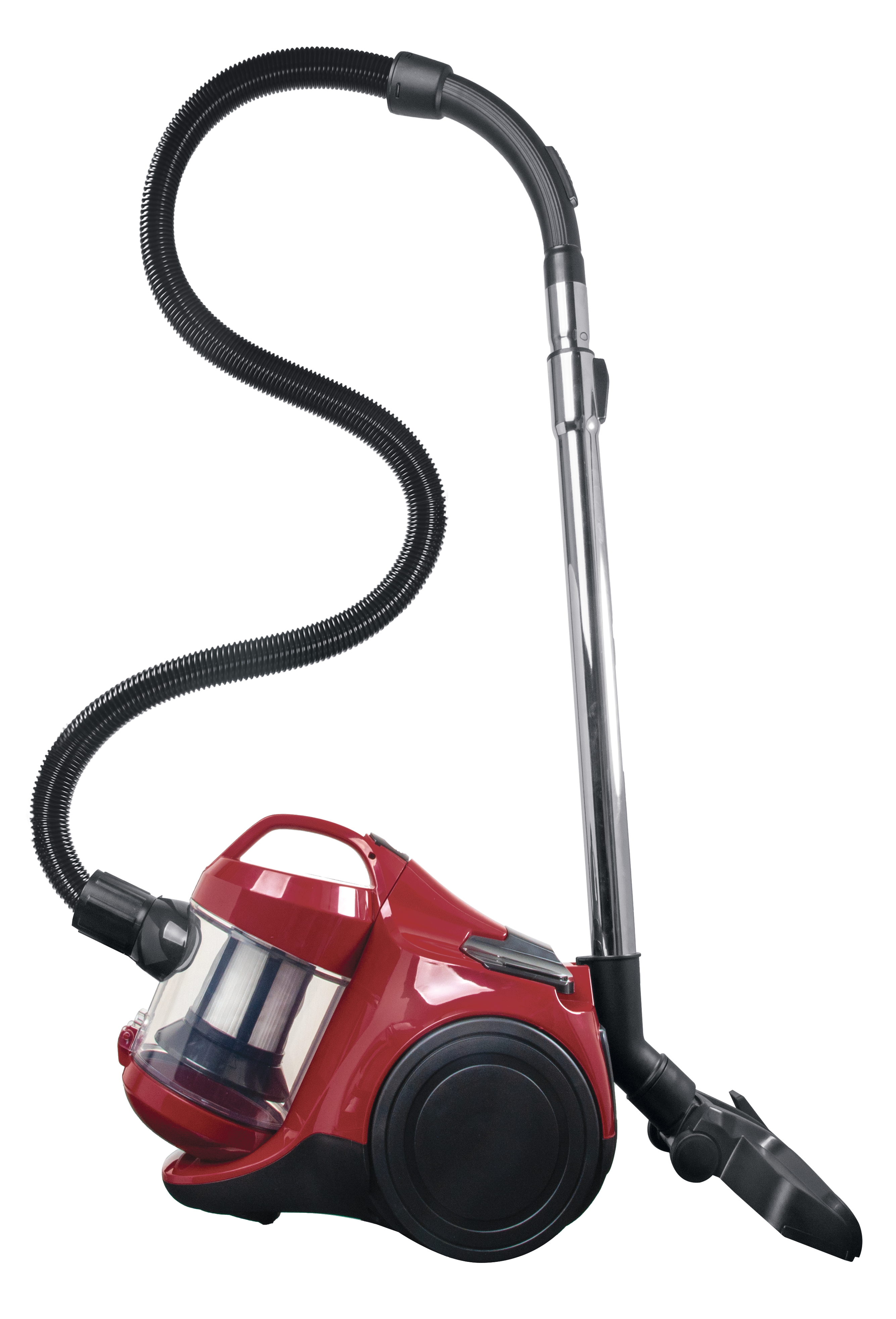 Czerwony odkurzacz z czarnym wężem i srebrnym przedłużeniem. Na neutralnym tle.