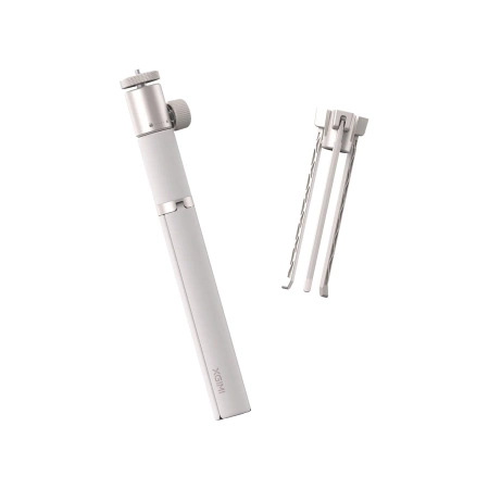 Biały statyw do projektora i nogi statywu na białym tle. Statyw jest długi, ma srebrny wierzch.