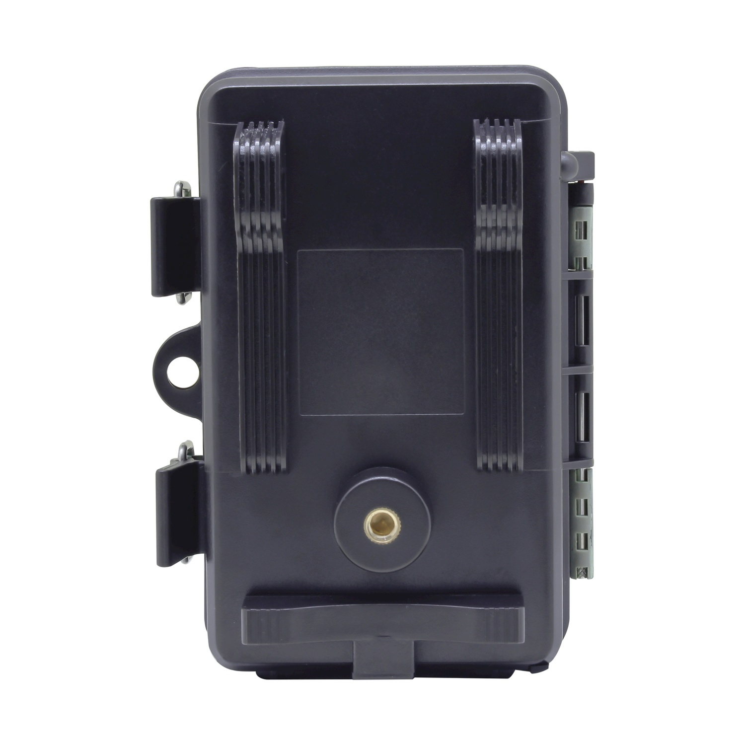 Una fotocamera a infrarossi nera su sfondo bianco. Ha chiusure, un obiettivo e una maniglia. La fotocamera è rettangolare.