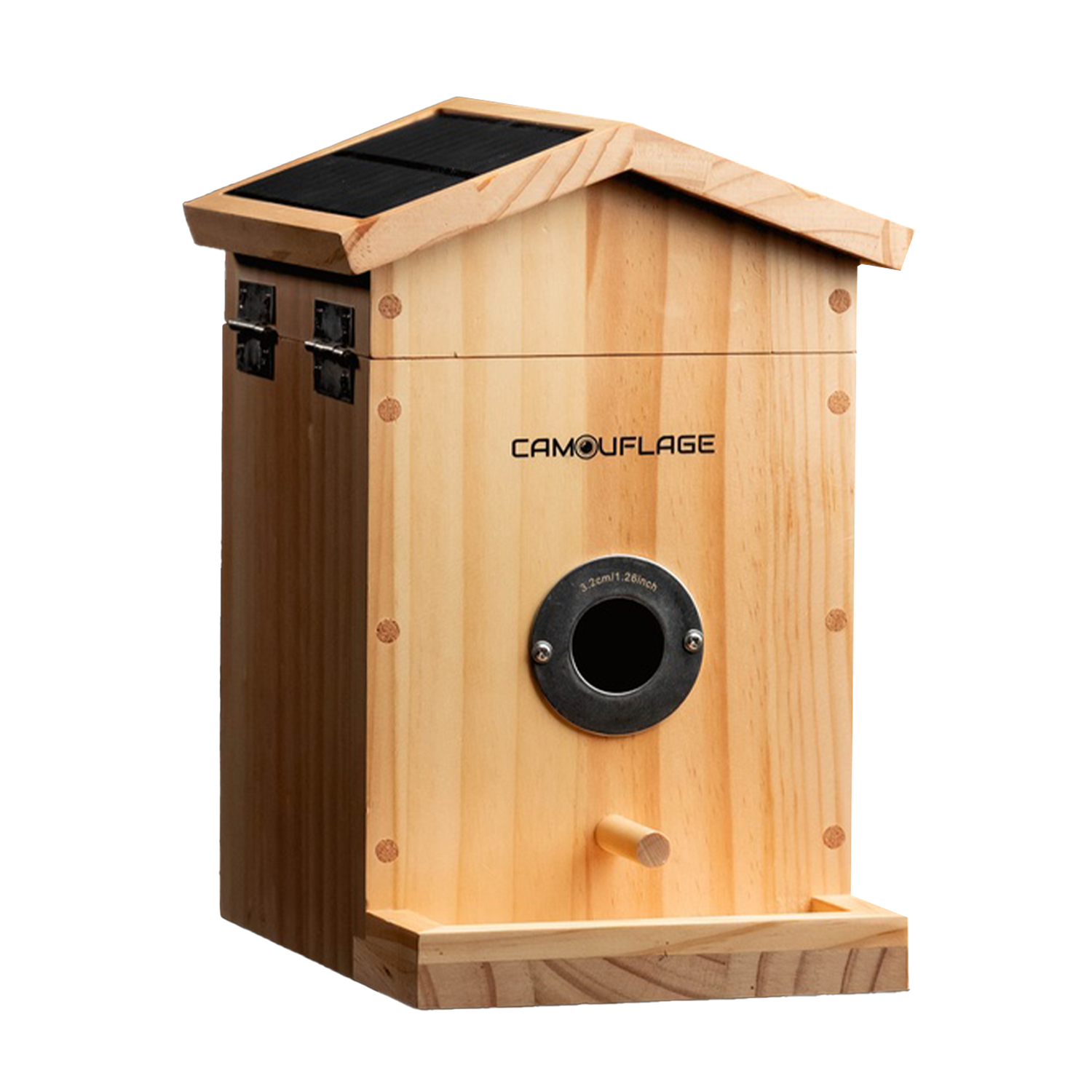 Casina per uccelli in legno con tetto a pannello solare nero. Ha un foro d'ingresso rotondo con un posatoio sottostante. La parola 'CAMOUFLAGE' è stampata.