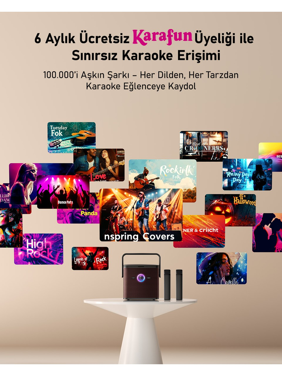 Projeksiyon, mikrofonlar ve çeşitli müzik türlerinin görselleriyle karaoke reklamı, Türkçe metin.