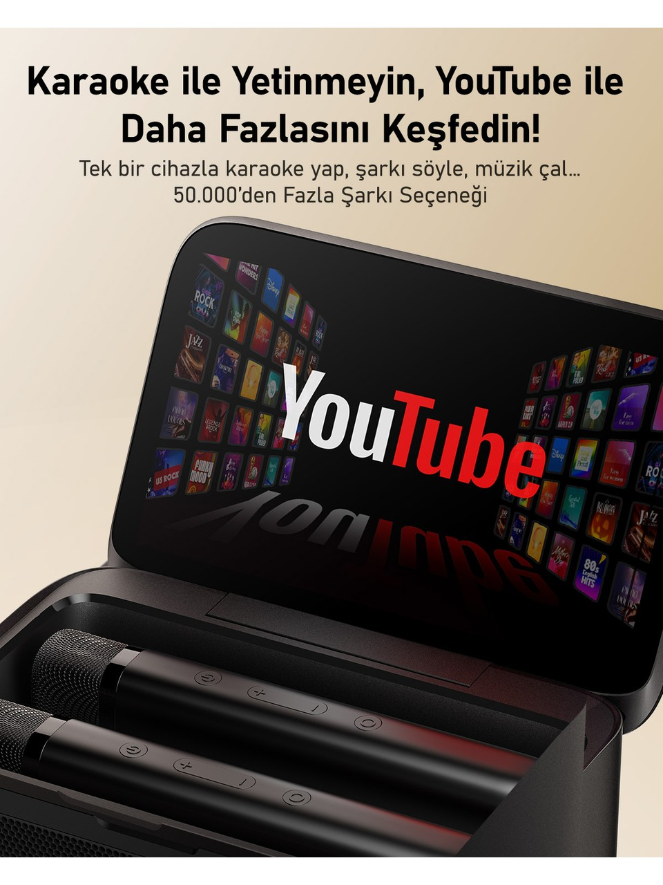 İki mikrofonlu bir karaoke makinesi. Ekran, YouTube logosunu ve şarkı seçeneklerini gösteriyor. Metin: 'YouTube ile daha fazlasını keşfedin.'