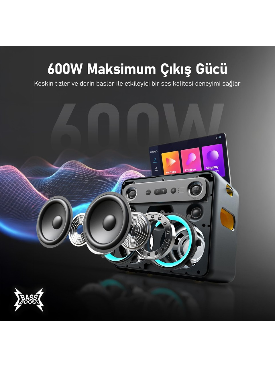 600W gücünde, iç bileşenleri görünen bir hoparlör sistemi. Hoparlörler, uygulama simgeleri gösteren bir ekran ve 'Bass Boost' logosu içerir.