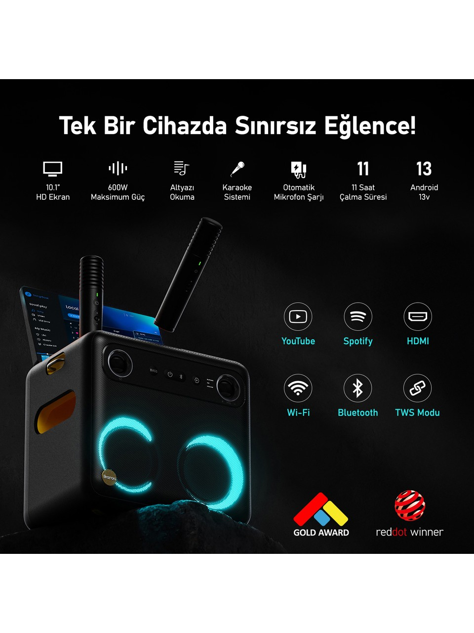Ekranı, mikrofonu ve mavi parlayan detayları olan siyah bir karaoke makinesi. Bağlantı seçenekleri ve ödülleri var.