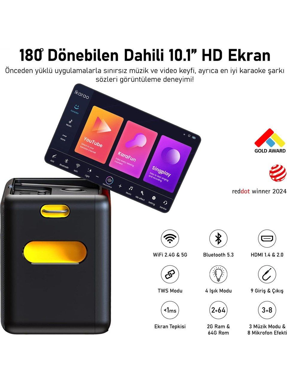 Ekranında karaoke uygulamaları gösteren siyah ve sarı karaoke makinesi, sağda listelenen özellikler.