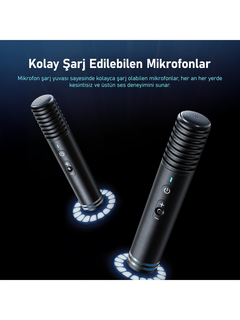 Aydınlatmalı şarj tabanlarına sahip iki siyah mikrofon. Mikrofonlarda güç ve ses kontrolü bulunur. Arka plan karanlık.