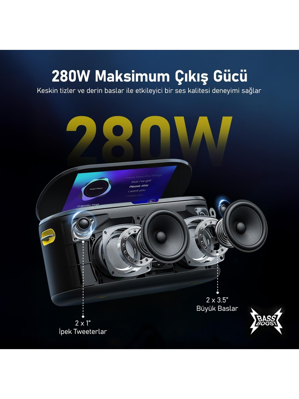 Siyah ve sarı hoparlör, şarkı sözlerini gösteren bir ekran ve 280W maksimum güç gösteren metin içeren açıkta bileşenler.