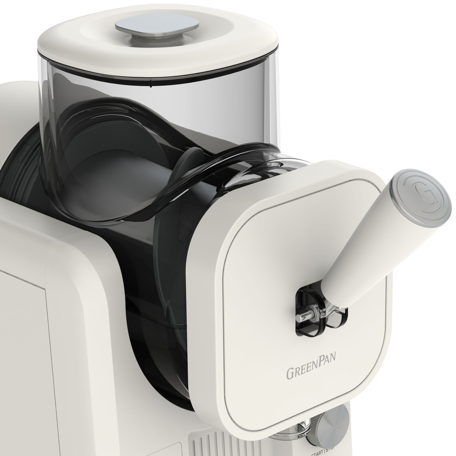 A white and gray juicer, with a handle and a transparent container. The brand name 'GreenPan' is visible.