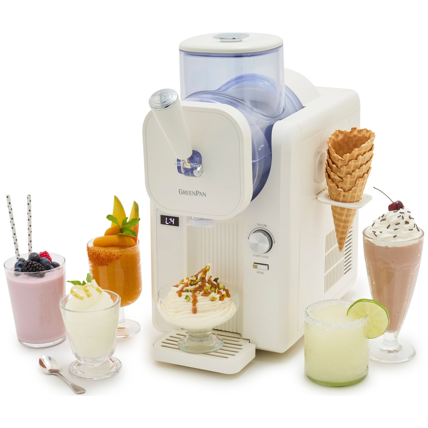 A white GreenPan ice cream maker with various drinks and toppings: smoothies, margaritas, ice cream, and waffle cones.