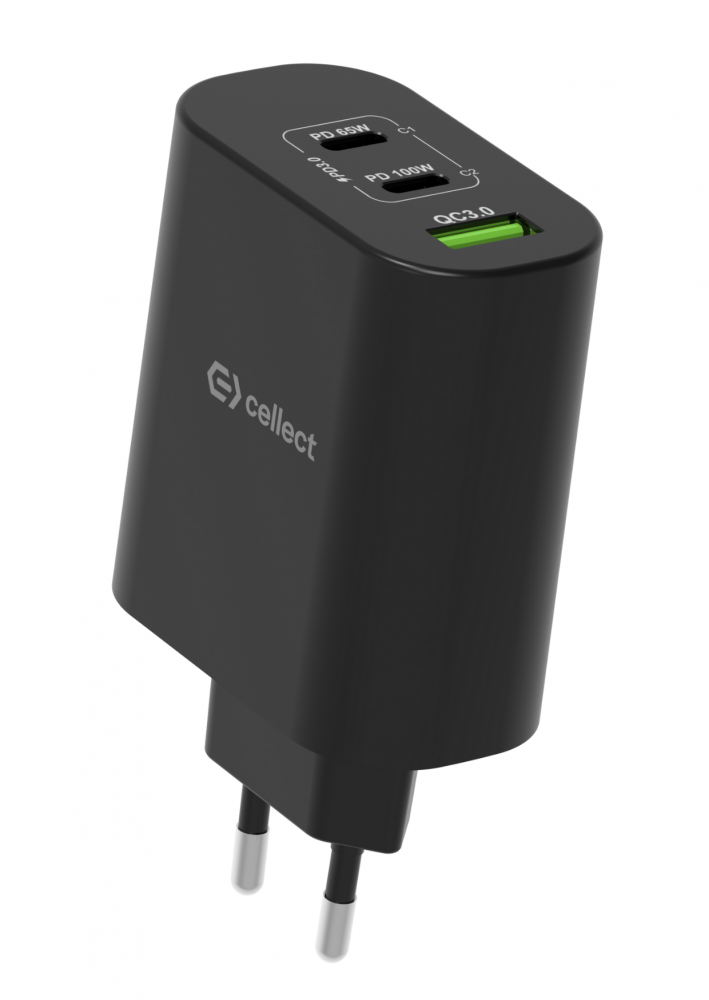 Fekete mobiltelefon-töltő két USB-porttal, ezüst csapokkal és márkanévvel. QC3.0 és PD jelzőkkel rendelkezik.