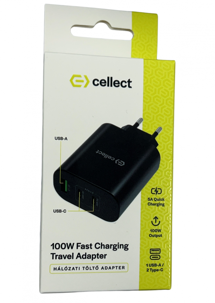 Egy fekete 100W-os utazó adapter a csomagolásában. USB-A és USB-C portokkal rendelkezik, és 5A gyorstöltést kínál.