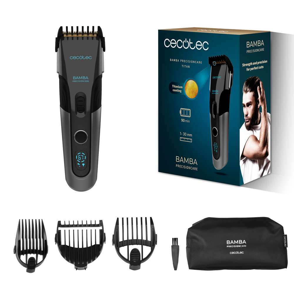 Se muestra una cortadora de cabello CECotec Bamba PrecisionCare Titan negra y gris, junto con accesorios y embalaje.
