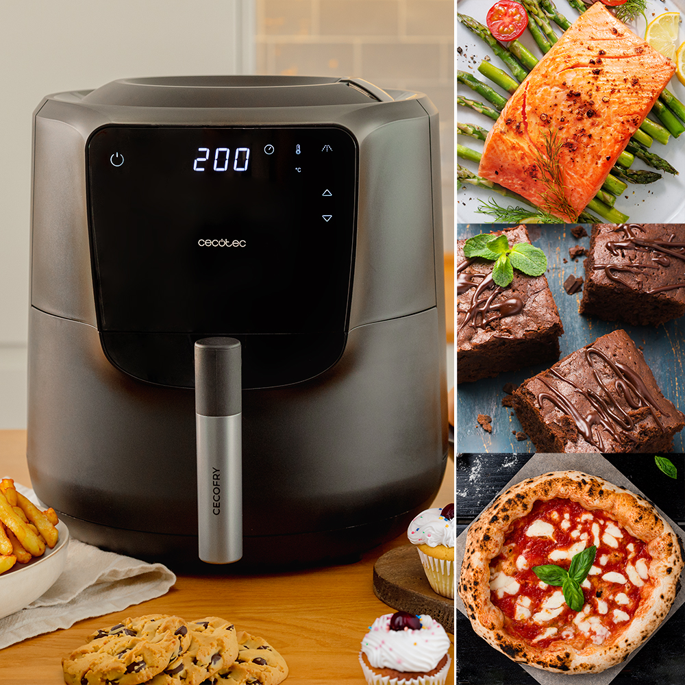 Una freidora de aire con pantalla que muestra 200 grados. Al lado, salmón, brownies, pizza, galletas, patatas fritas y cupcakes.