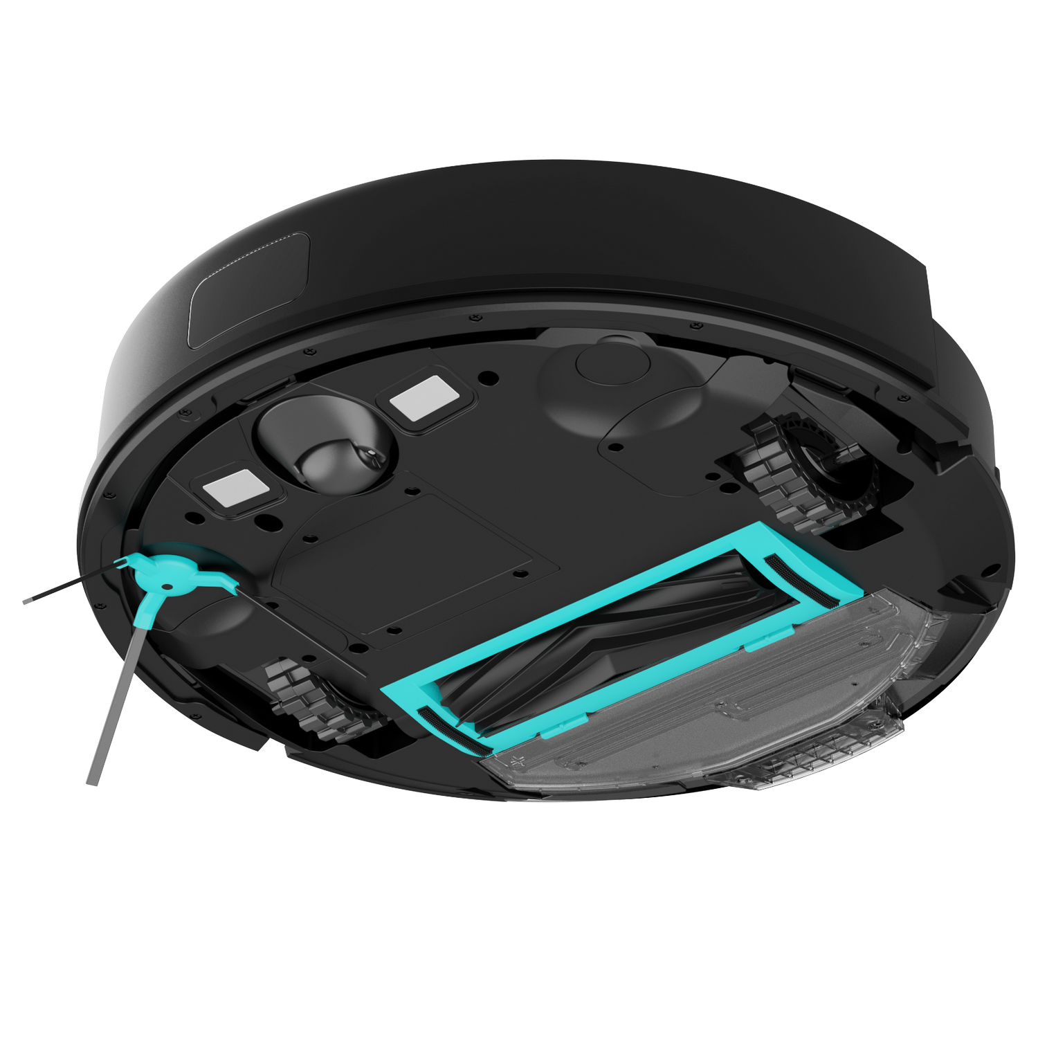 Aspiradora robot negra, vista inferior. Cuenta con un cepillo azul, ruedas y un depósito de polvo transparente, sobre fondo gris.