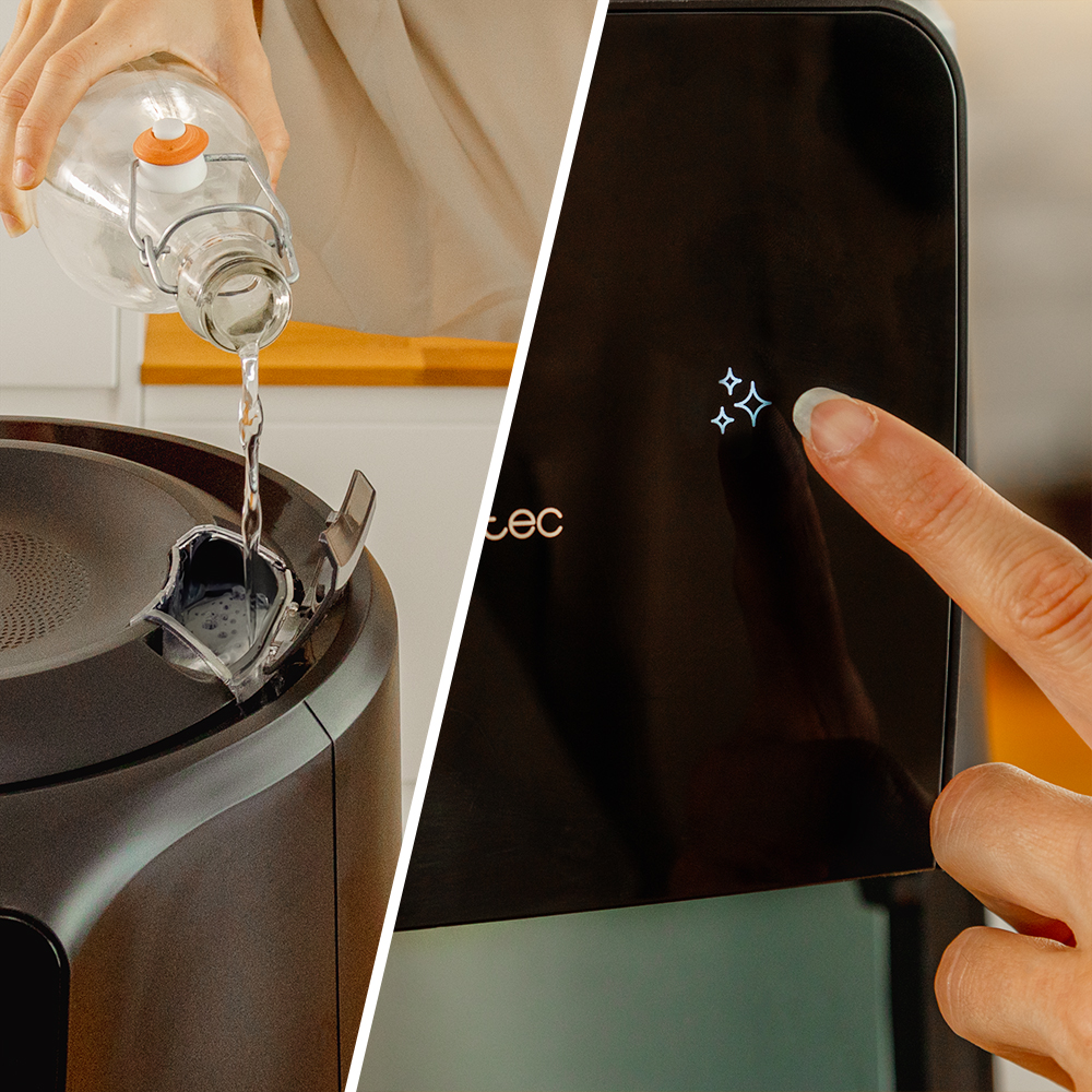 Una persona vierte agua de una botella de vidrio en un electrodoméstico oscuro, mientras otra mano toca un símbolo brillante.