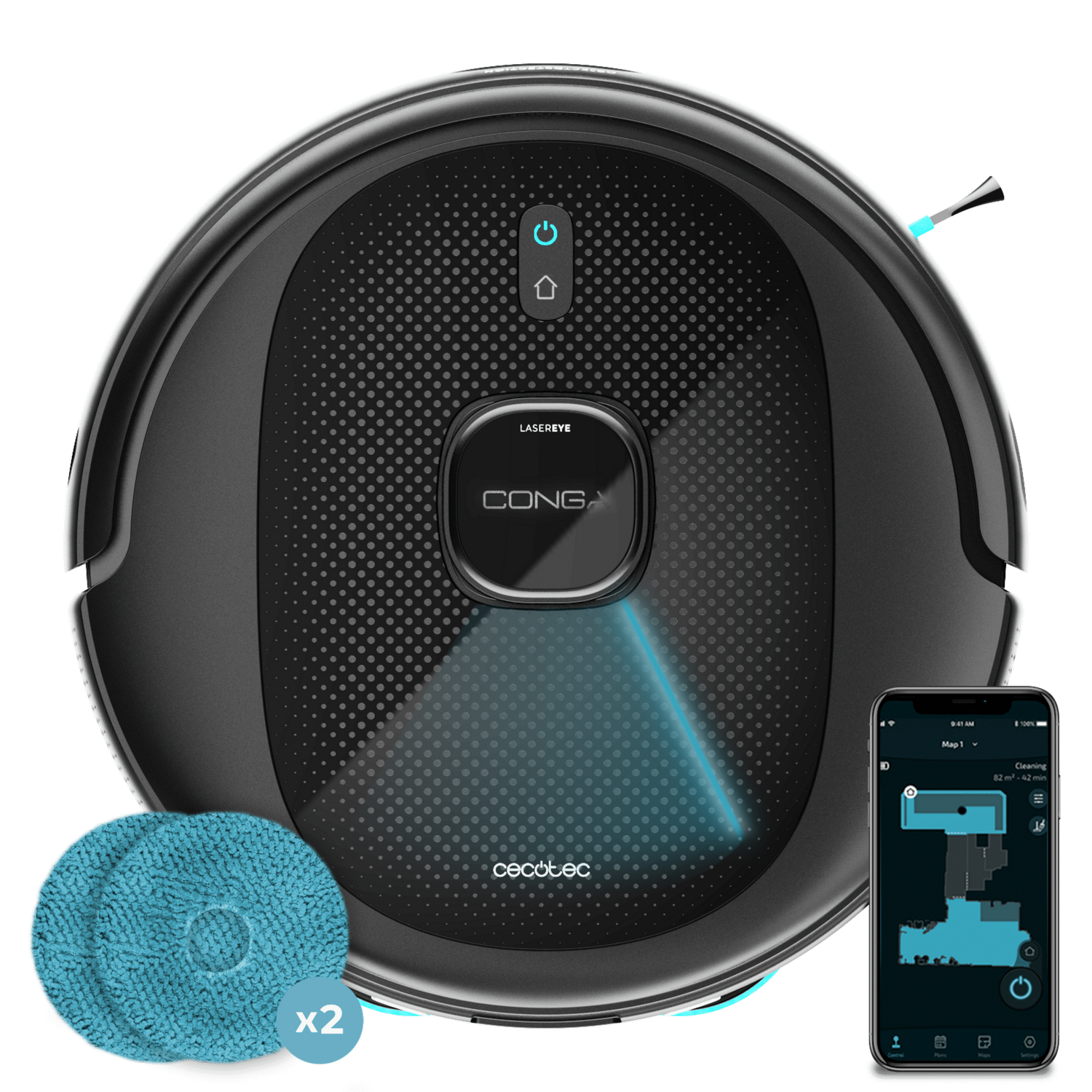 Aspiradora robot negra con móvil mostrando mapa. Dos almohadillas de limpieza turquesas debajo. Marca Cecotec Conga.