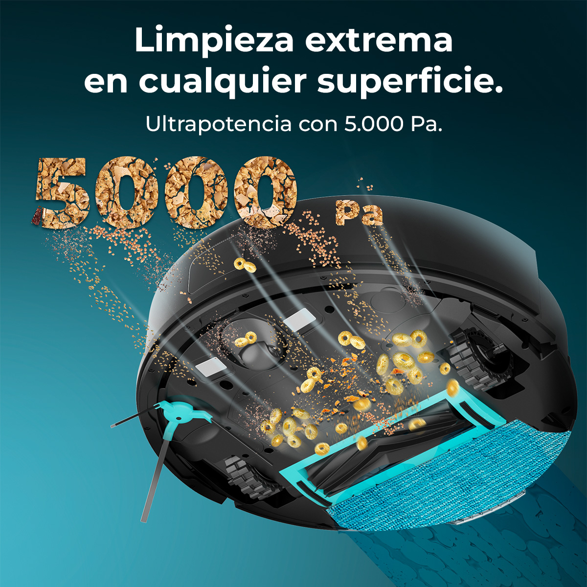 Robot aspirador limpiando una superficie. Tiene una almohadilla azul y un cepillo. El texto dice '5000 Pa' y anuncia 'limpieza extrema'.