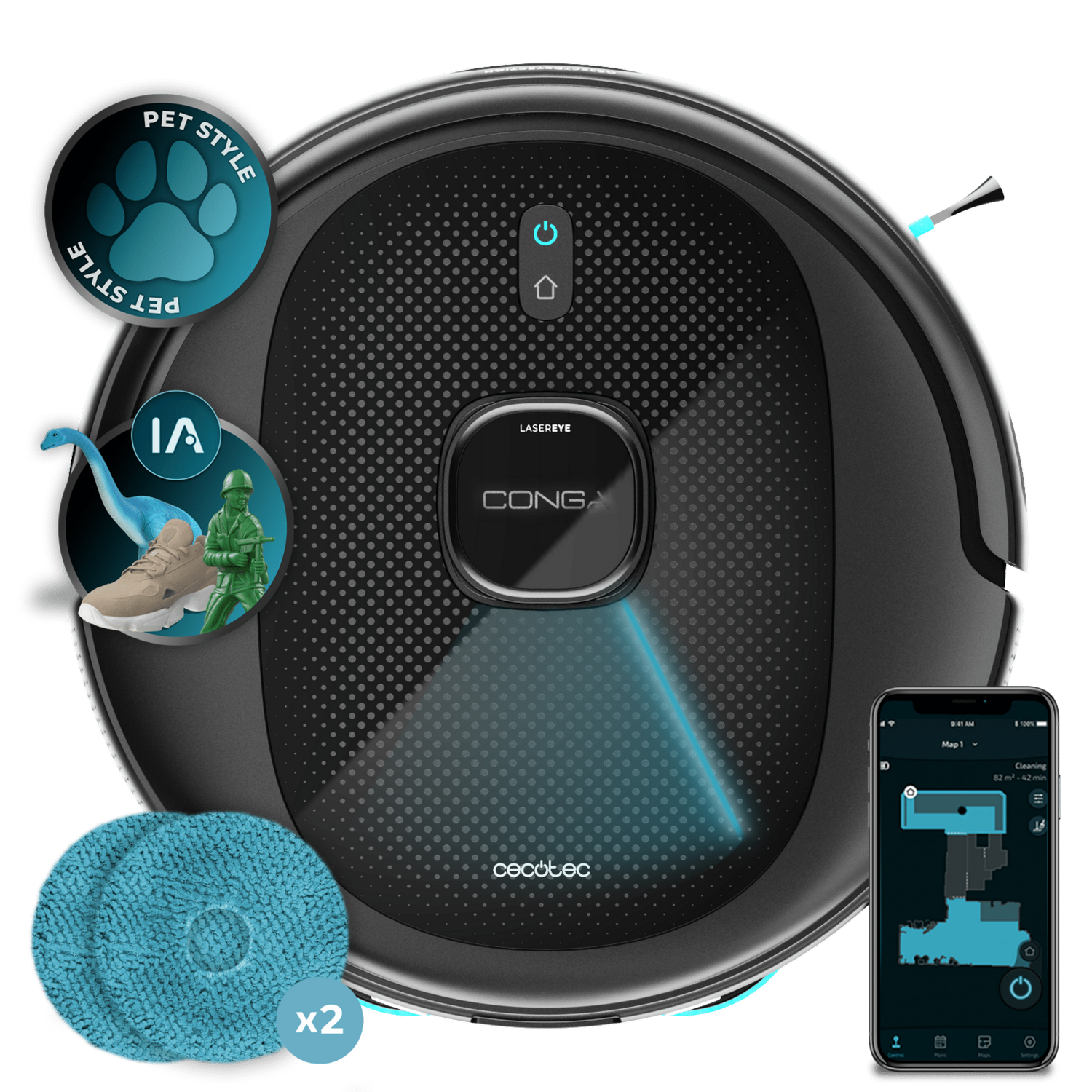 Robot aspirador con teléfono mostrando mapa. Incluye logotipo de estilo mascota, almohadillas de limpieza e ilustraciones de juguetes.