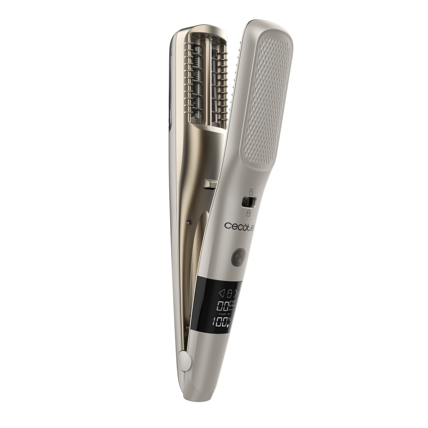 Una plancha de pelo plateada y dorada está abierta. Tiene una pantalla digital y botones. Se ve la marca "Cecotec".