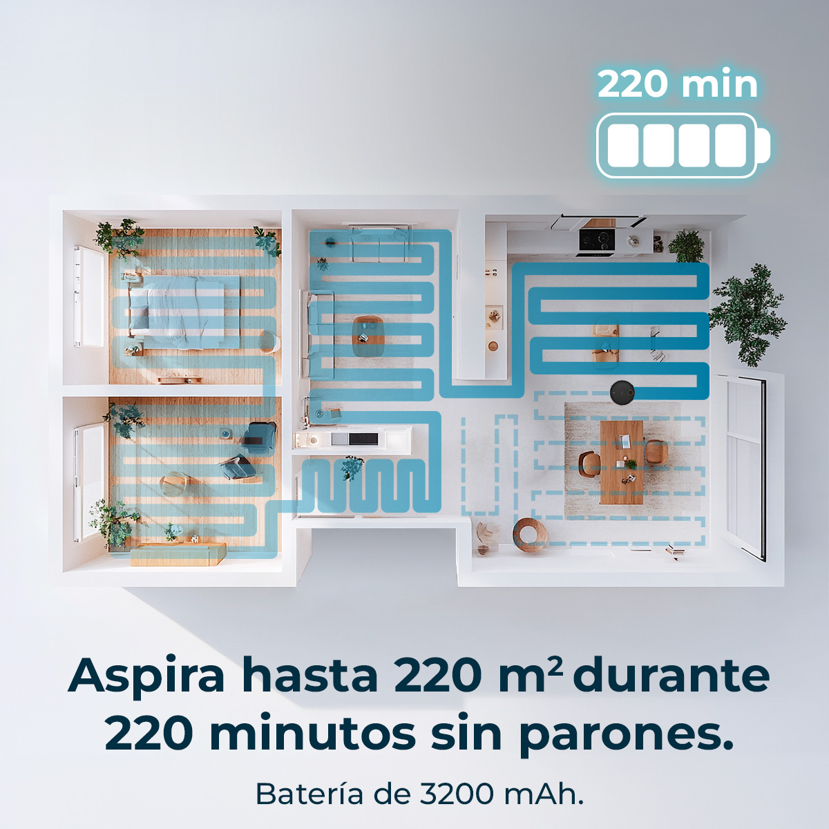 Vista superior de un plano de la casa. Una línea azul traza una ruta de limpieza. El texto dice: Limpia hasta 220 m² durante 220 minutos.